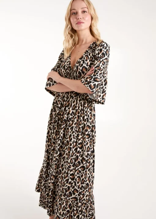 Blue Vanilla Cream Leopard Print Elasticated Neck Shirred Waist Midi Dress