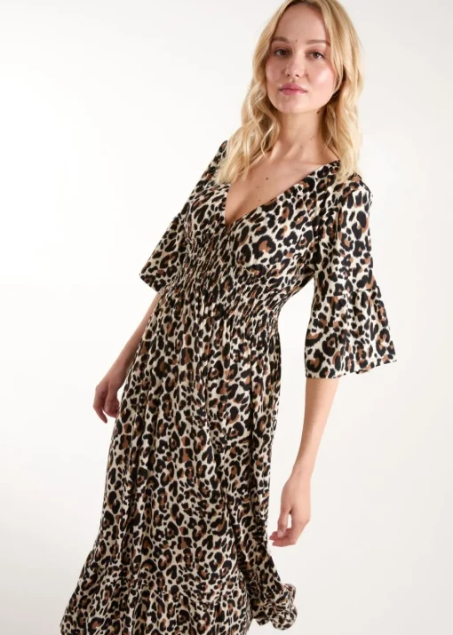 Blue Vanilla Cream Leopard Print Elasticated Neck Shirred Waist Midi Dress