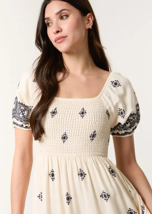 Blue Vanilla Cream Shirred Square Neck Border Print Puff Sleeve Midi Dress