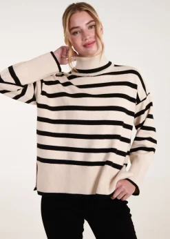 Blue Vanilla Cream Wide Stripe Roll Neck Jumper