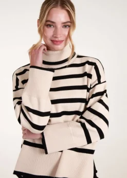 Blue Vanilla Cream Wide Stripe Roll Neck Jumper
