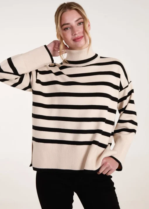 Blue Vanilla Cream Wide Stripe Roll Neck Jumper