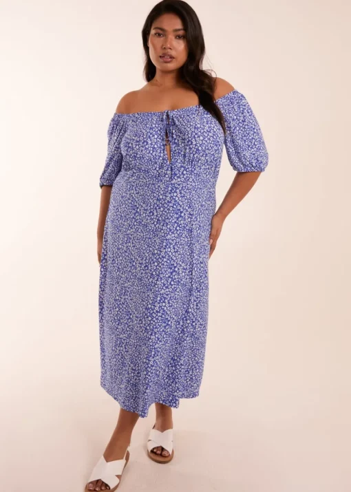 Blue Vanilla Curve Blue  Milkmaid Stretch Crepe Midi Dress