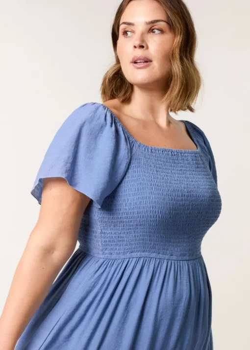 Blue Vanilla Denim Curve Flutter Sleeve Midi Dress