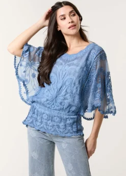 Blue Vanilla Denim Floral Lace Butterfly Sleeve Blouse