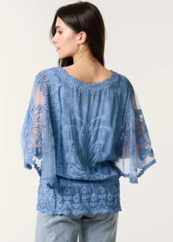Blue Vanilla Denim Floral Lace Butterfly Sleeve Blouse