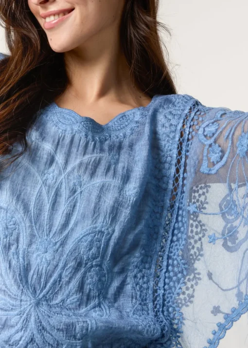 Blue Vanilla Denim Floral Lace Butterfly Sleeve Blouse