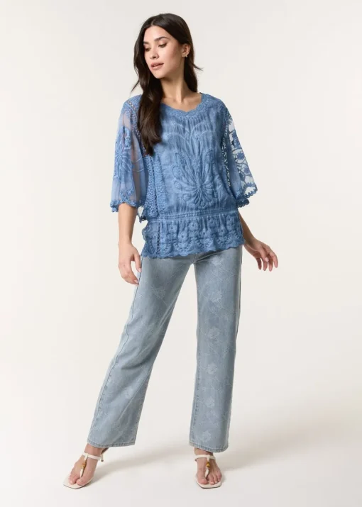 Blue Vanilla Denim Floral Lace Butterfly Sleeve Blouse