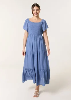 Blue Vanilla Denim Flutter Sleeve Maxi Dress