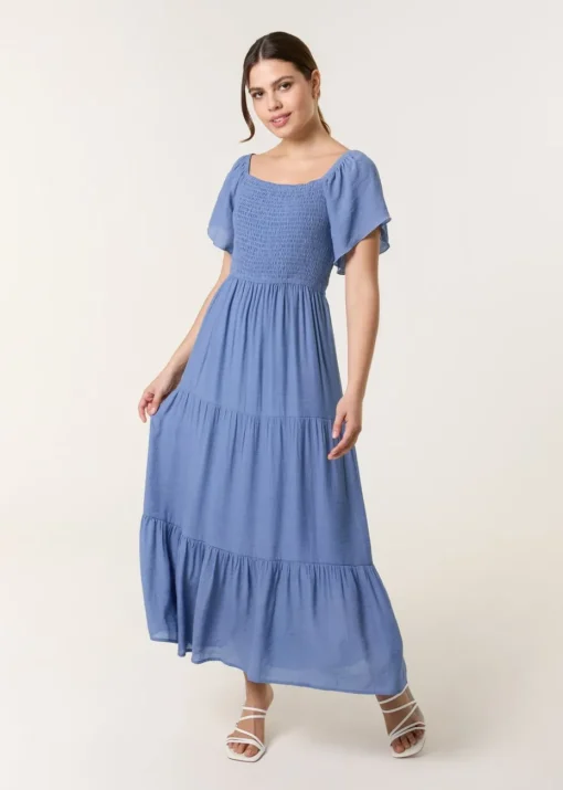 Blue Vanilla Denim Flutter Sleeve Maxi Dress