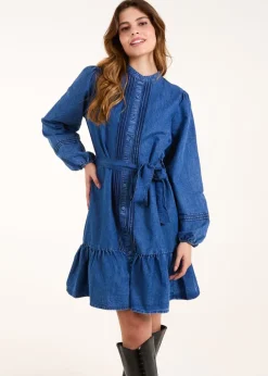 Blue Vanilla Denim Pintuck Belted Chambray Dress