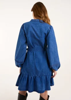 Blue Vanilla Denim Pintuck Belted Chambray Dress