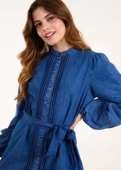 Blue Vanilla Denim Pintuck Belted Chambray Dress