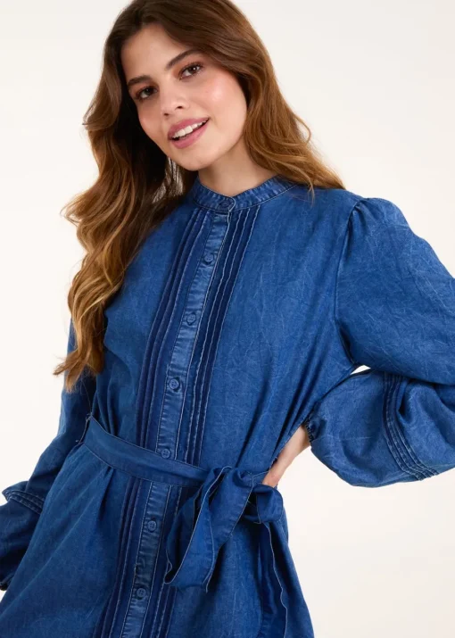 Blue Vanilla Denim Pintuck Belted Chambray Dress