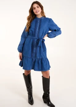 Blue Vanilla Denim Pintuck Belted Chambray Dress