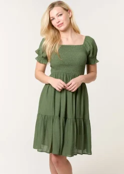 Blue Vanilla Denim Shirred Puff Sleeve Mini Dress