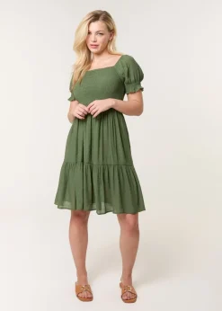 Blue Vanilla Denim Shirred Puff Sleeve Mini Dress