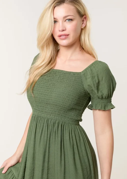 Blue Vanilla Denim Shirred Puff Sleeve Mini Dress