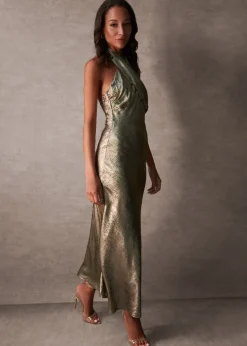 Blue Vanilla Gold Luxe Twist Front Halter Neck Midi Dress