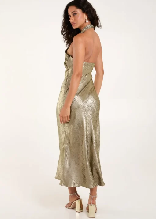 Blue Vanilla Gold Luxe Twist Front Halter Neck Midi Dress
