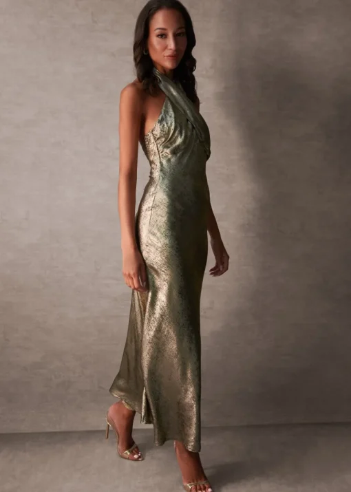 Blue Vanilla Gold Luxe Twist Front Halter Neck Midi Dress