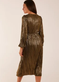 Blue Vanilla Gold Plisse V-Neck Elasticated Midi Dress