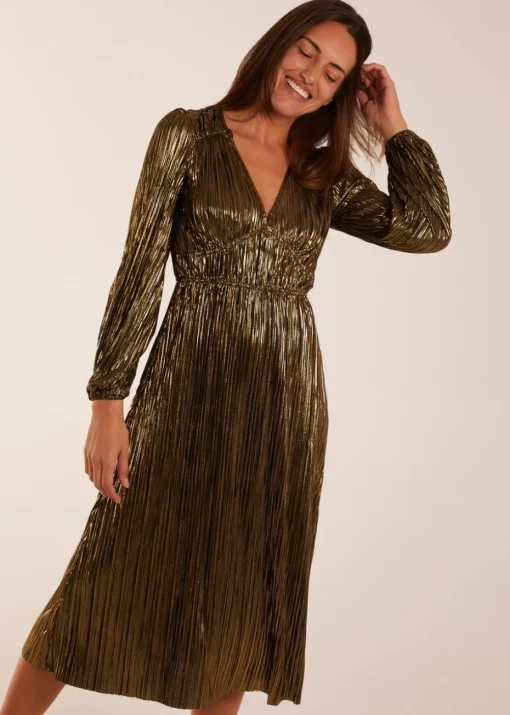 Blue Vanilla Gold Plisse V-Neck Elasticated Midi Dress