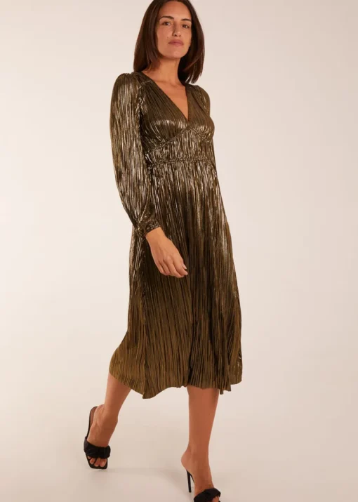 Blue Vanilla Gold Plisse V-Neck Elasticated Midi Dress