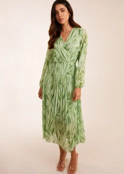 Blue Vanilla Green Abstract Wrap Pleated Midi Dress