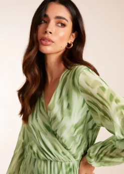 Blue Vanilla Green Abstract Wrap Pleated Midi Dress
