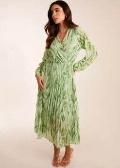 Blue Vanilla Green Abstract Wrap Pleated Midi Dress