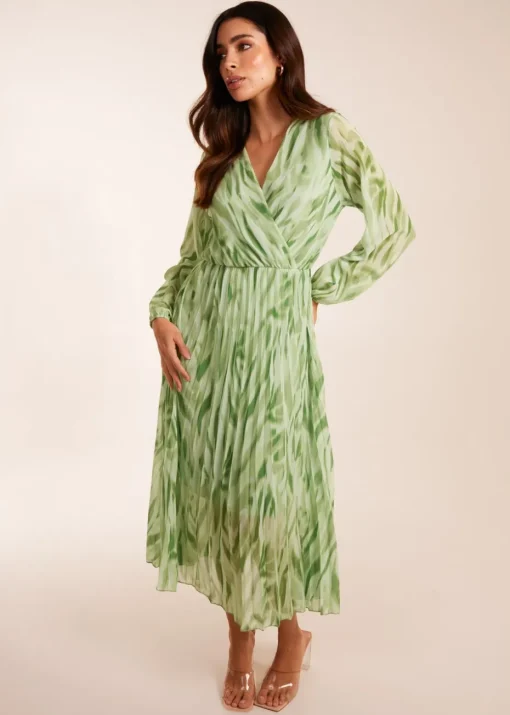 Blue Vanilla Green Abstract Wrap Pleated Midi Dress