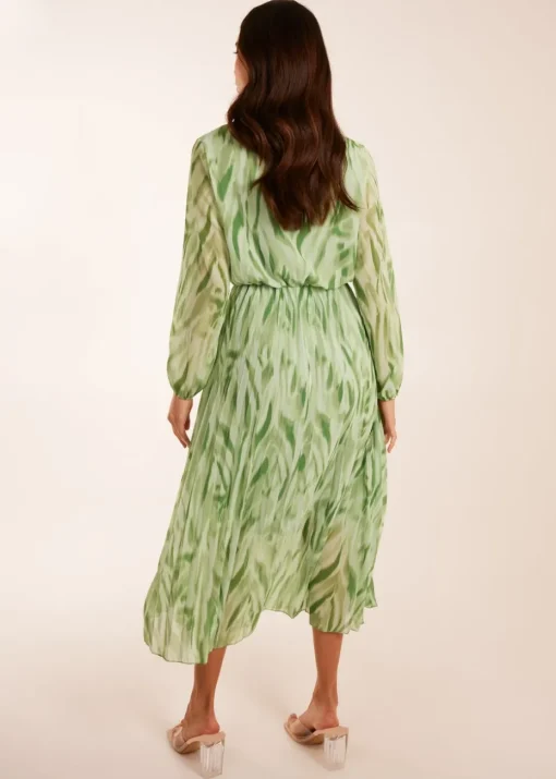 Blue Vanilla Green Abstract Wrap Pleated Midi Dress