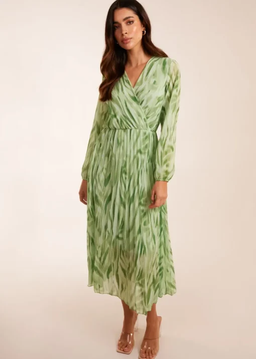 Blue Vanilla Green Abstract Wrap Pleated Midi Dress