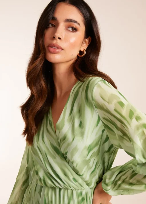 Blue Vanilla Green Abstract Wrap Pleated Midi Dress