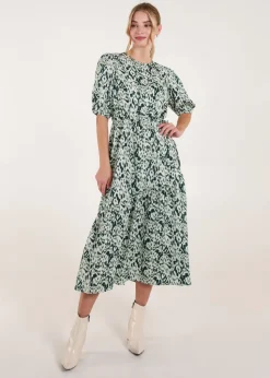 Blue Vanilla Green Abstract Elasticated Tie Waist Midi Dress