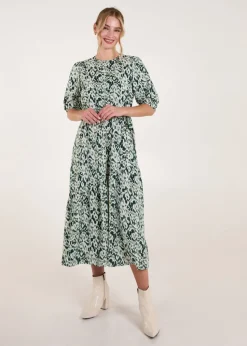 Blue Vanilla Green Abstract Elasticated Tie Waist Midi Dress