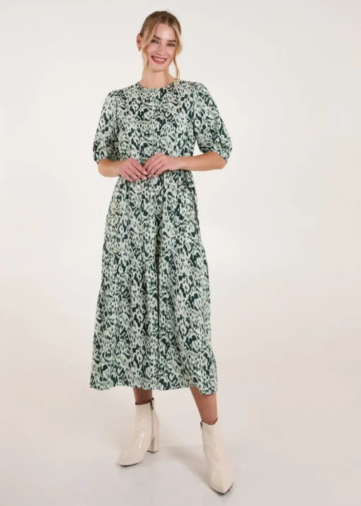 Blue Vanilla Green Abstract Elasticated Tie Waist Midi Dress