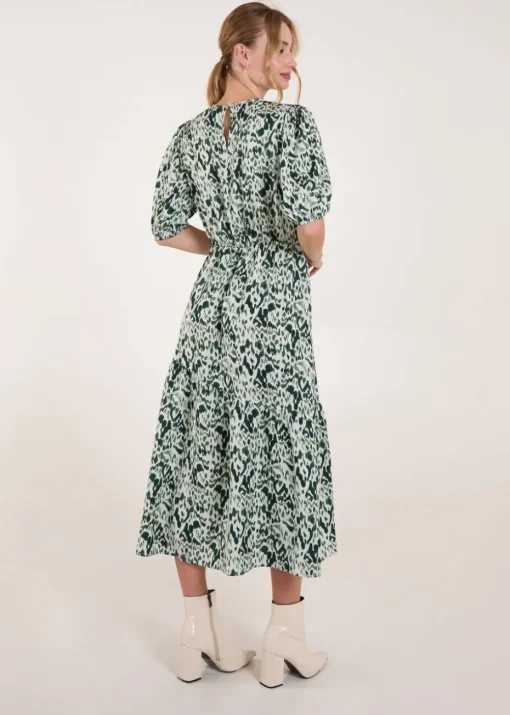Blue Vanilla Green Abstract Elasticated Tie Waist Midi Dress