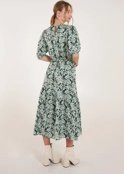Blue Vanilla Green Abstract Elasticated Tie Waist Midi Dress