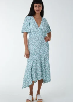 Blue Vanilla Green Angel Sleeves Wrap Midi Dress