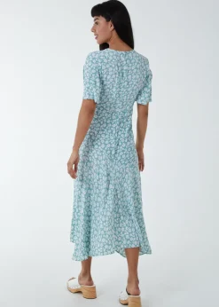 Blue Vanilla Green Angel Sleeves Wrap Midi Dress