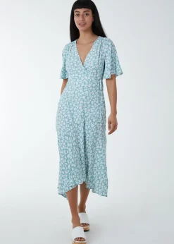 Blue Vanilla Green Angel Sleeves Wrap Midi Dress