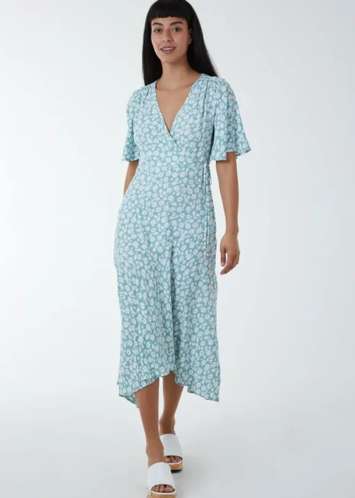 Blue Vanilla Green Angel Sleeves Wrap Midi Dress