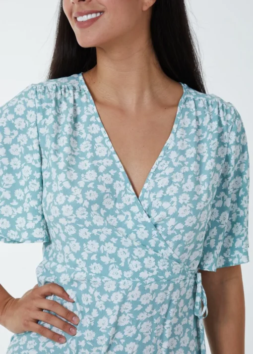 Blue Vanilla Green Angel Sleeves Wrap Midi Dress