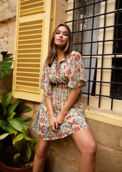 Blue Vanilla Green Aztec Tiered Printed Shirt Dress
