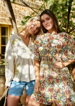 Blue Vanilla Green Aztec Tiered Printed Shirt Dress