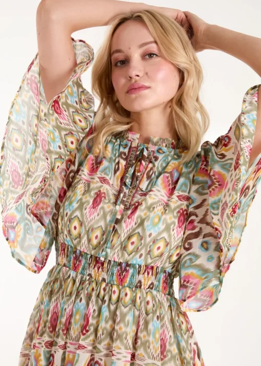 Blue Vanilla Green Aztec Tiered Printed Shirt Dress
