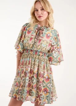 Blue Vanilla Green Aztec Tiered Printed Shirt Dress
