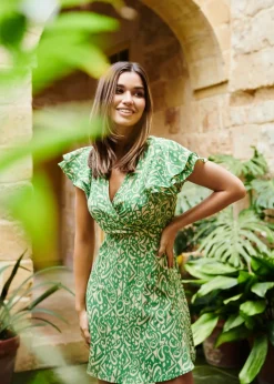 Blue Vanilla Green Aztec Wrap Ruffle Frill Sleeve Mini Dress